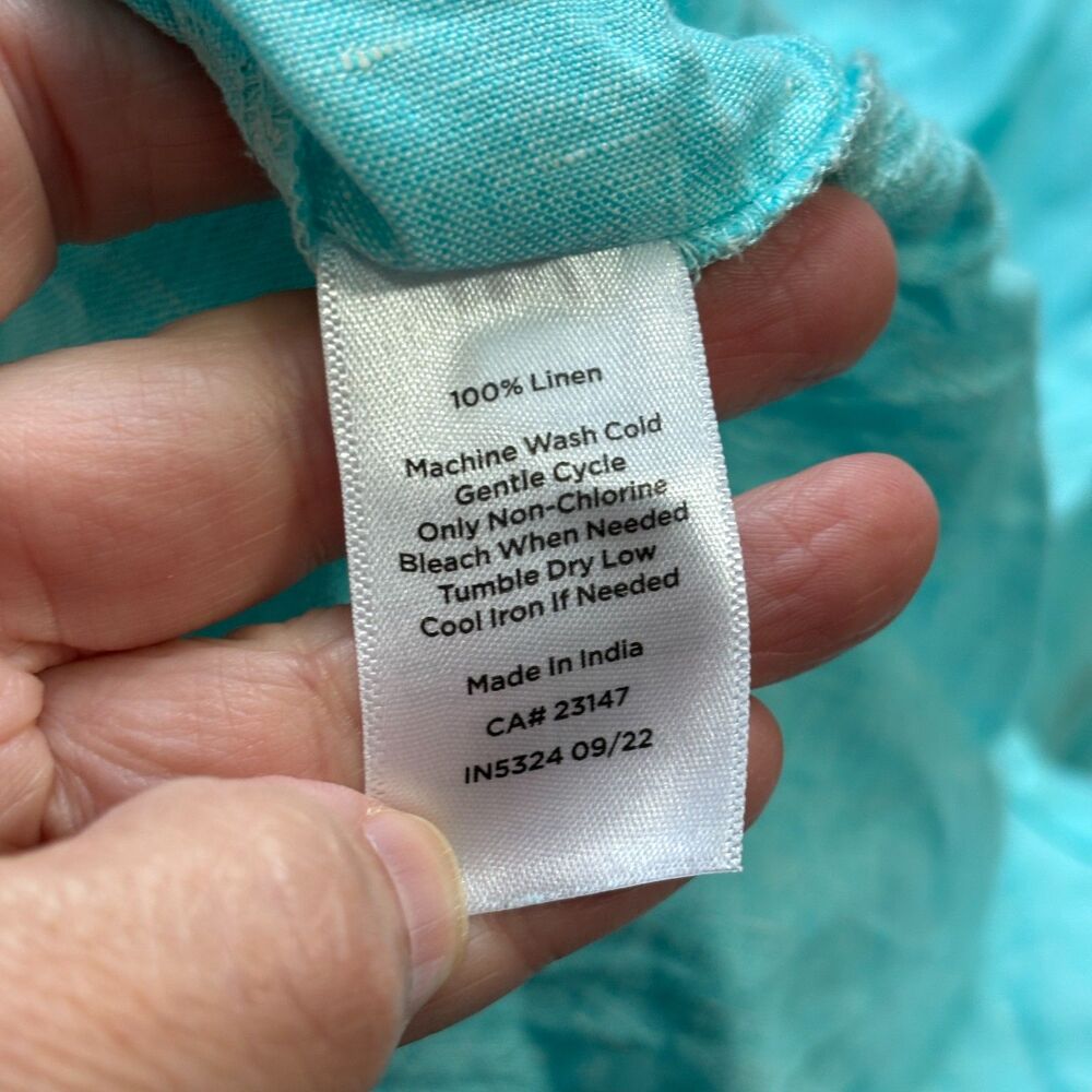 Talbots Linen Button Down Shirt Womens XL Aqua Blue Roll Tab Sleeve Casual Beach - Picture 4 of 6